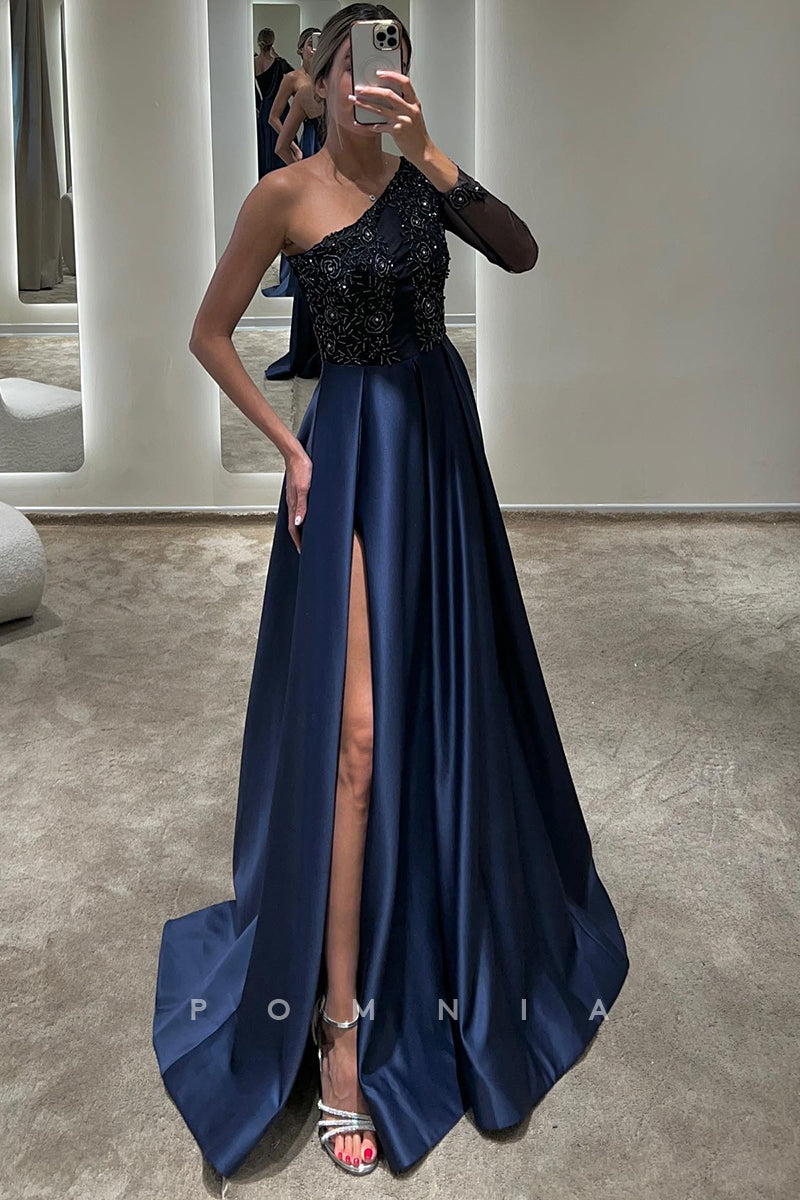 P1593 - Sloping Shoulder Long Sleeves A-Line Appliques Side Split Pleated Evening Formal Dress