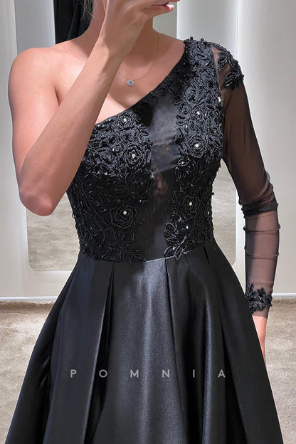 P1593 - Sloping Shoulder Long Sleeves A-Line Appliques Side Split Pleated Evening Formal Dress