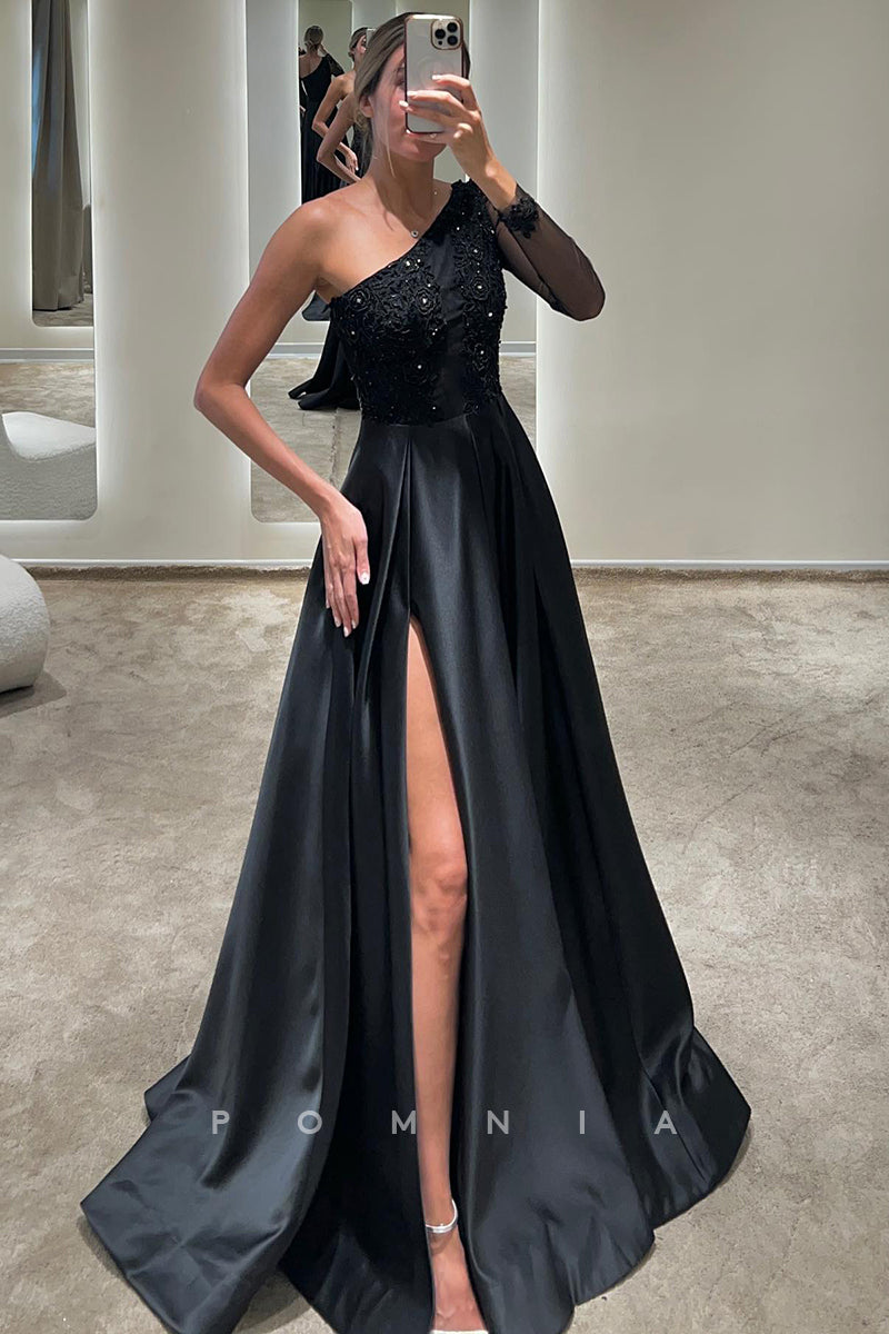 P1593 - Sloping Shoulder Long Sleeves A-Line Appliques Side Split Pleated Evening Formal Dress