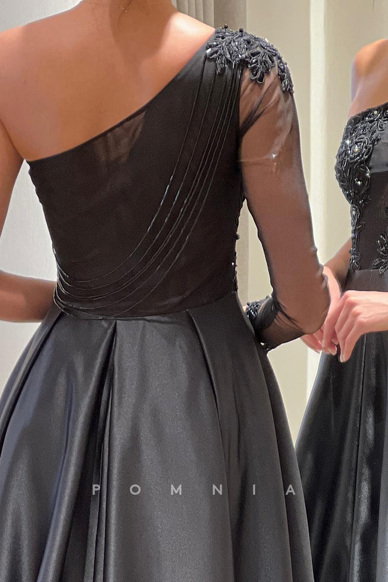 P1593 - Sloping Shoulder Long Sleeves A-Line Appliques Side Split Pleated Evening Formal Dress