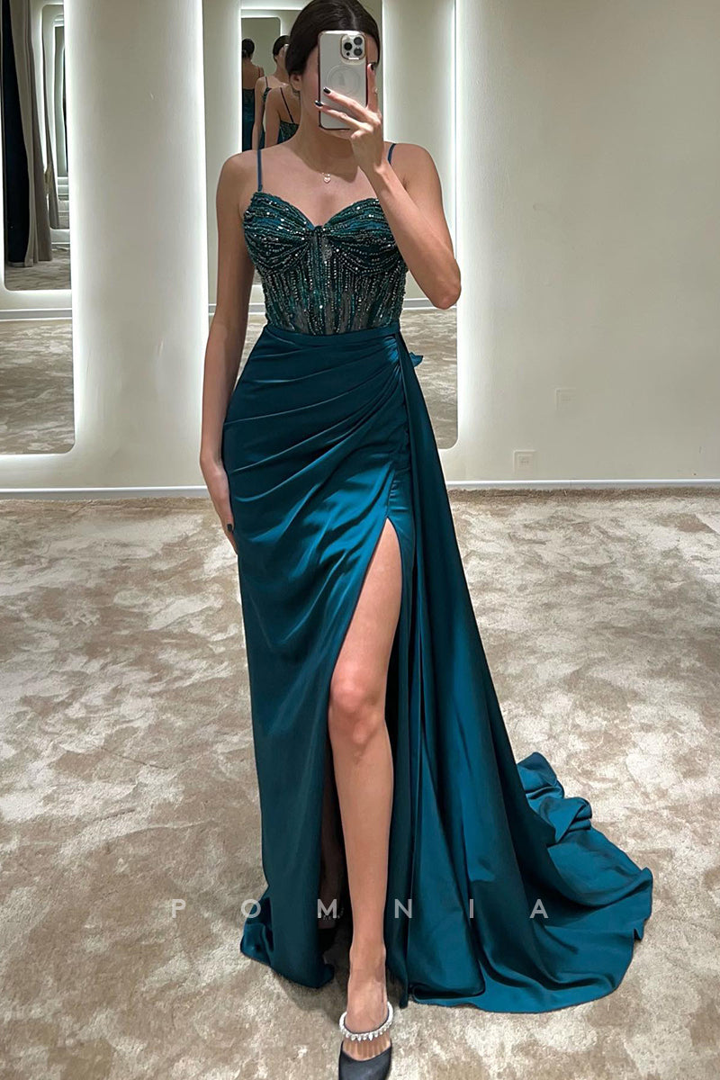 P1594 - Spaghetti Straps Beads Side Split Sleeveless Prom Eevening Dress with Train