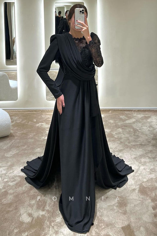 P1600 - A-line Scoop Long Sleeves Pleats Lace Appliques Evening Formal Dress with Train