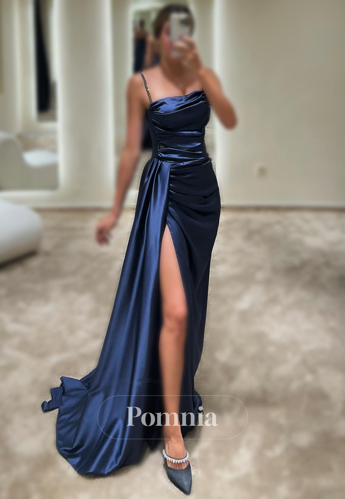 P1604 - Straps Sheath/Column Sleeveless Pleats High Split Prom Evening Dress