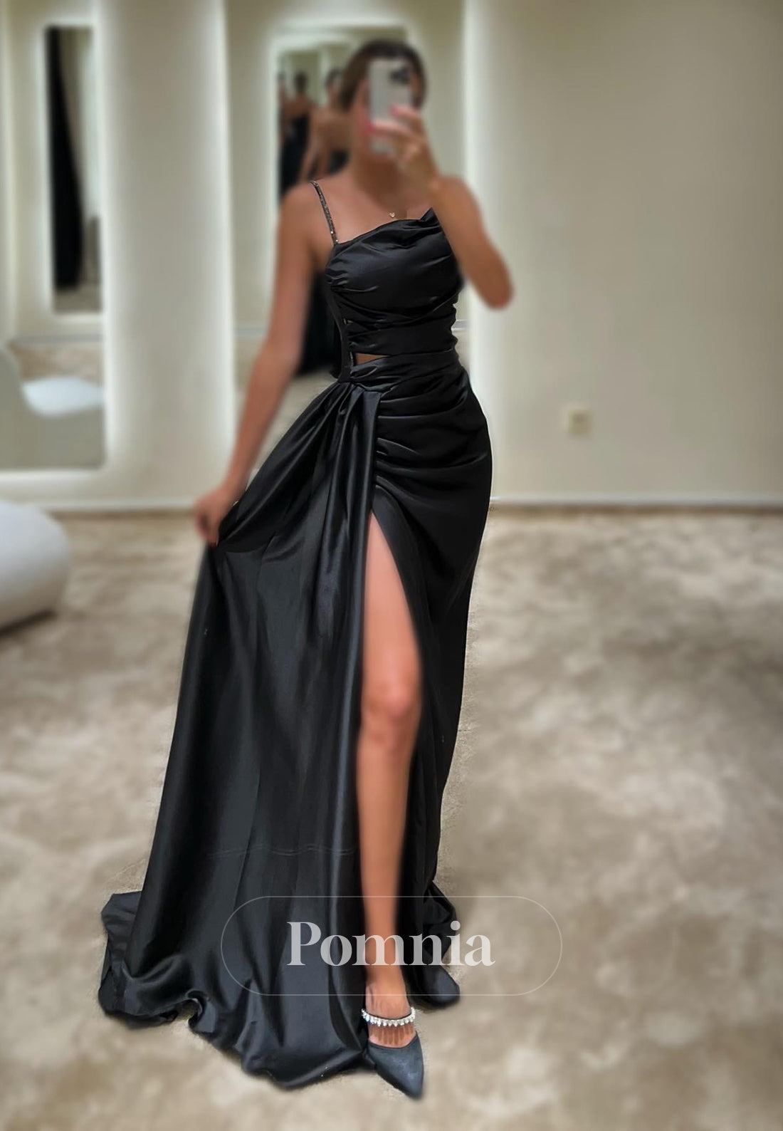 P1604 - Straps Sheath/Column Sleeveless Pleats High Split Prom Evening Dress