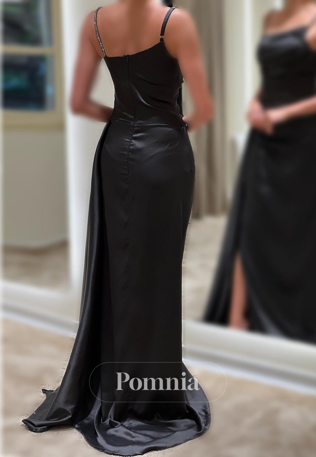 P1604 - Straps Sheath/Column Sleeveless Pleats High Split Prom Evening Dress