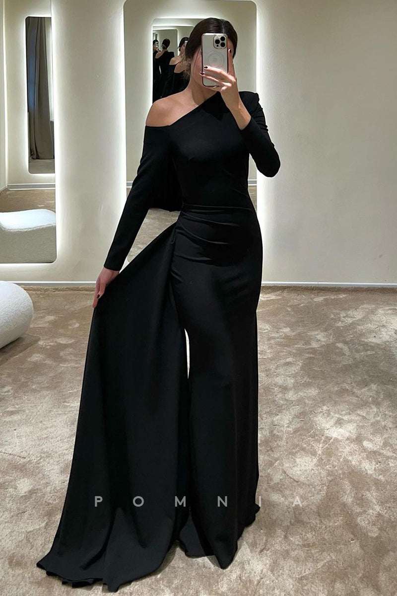 P1608 - Mature Long Sleeves Pleats Sloping Shoulder Long Evening Formal Dress