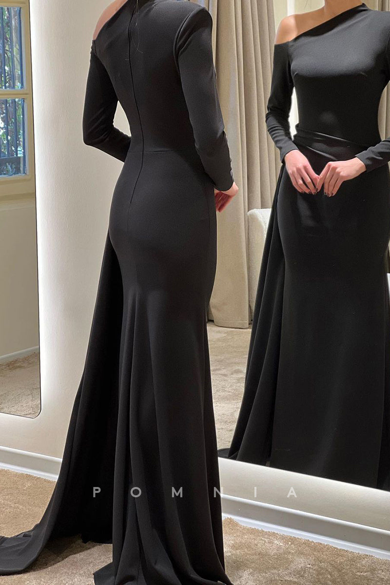 P1608 - Mature Long Sleeves Pleats Sloping Shoulder Long Evening Formal Dress