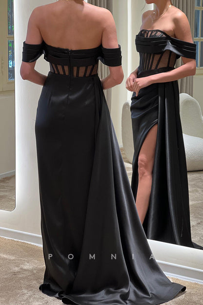 P1609 - Off Shoulder Scoop Cap Sleeves High Split Pleats Satin Long Prom Evening Dress