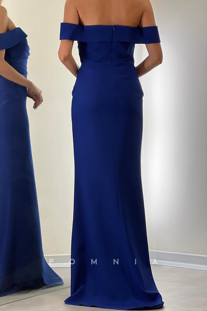 P1612 - Classy Strapless Cap Sleeves Straight Pleats Long Prom Evening Formal Dress