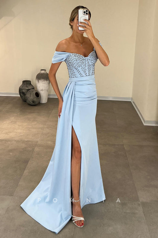 P1616 - Off Shoulder V-Neck Beaded Cap Sleeves Side Slit Pleats Prom Evening Dress