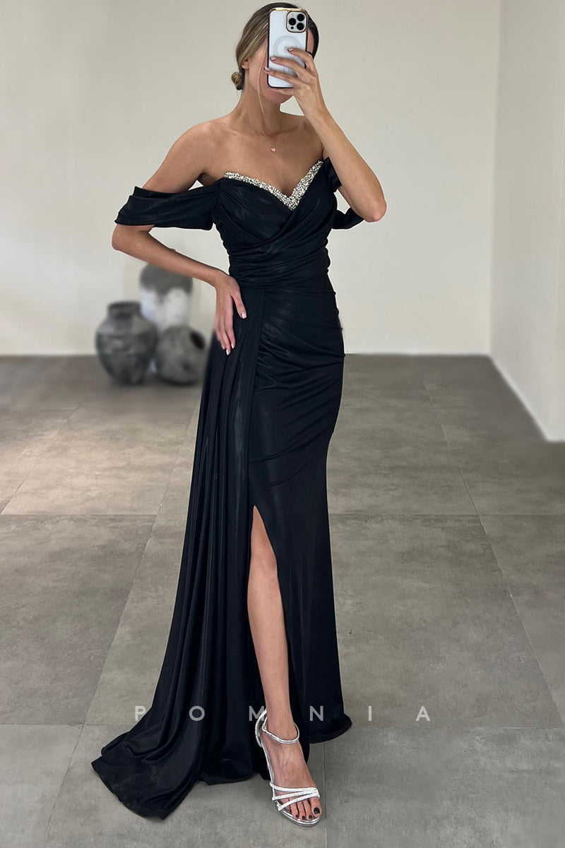 P1619 - Off Shoulder V-Neck Beads Cap Sleeves Pleats Long Evening Formal Dress with Split