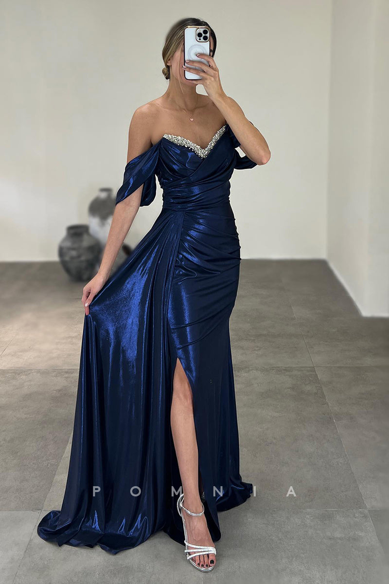 P1619 - Off Shoulder V-Neck Beads Cap Sleeves Pleats Long Evening Formal Dress with Split