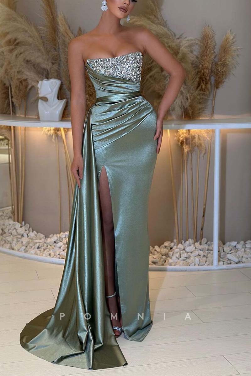 P1628 - Off-Shoulder Beaded Scoop Sleeveless Pleats Prom Evening Formal Dress with Split