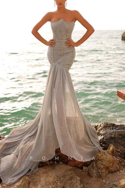 P1641 - Mermaid Strapless Beaded Sleeveless Long Prom Evening Dress with Train