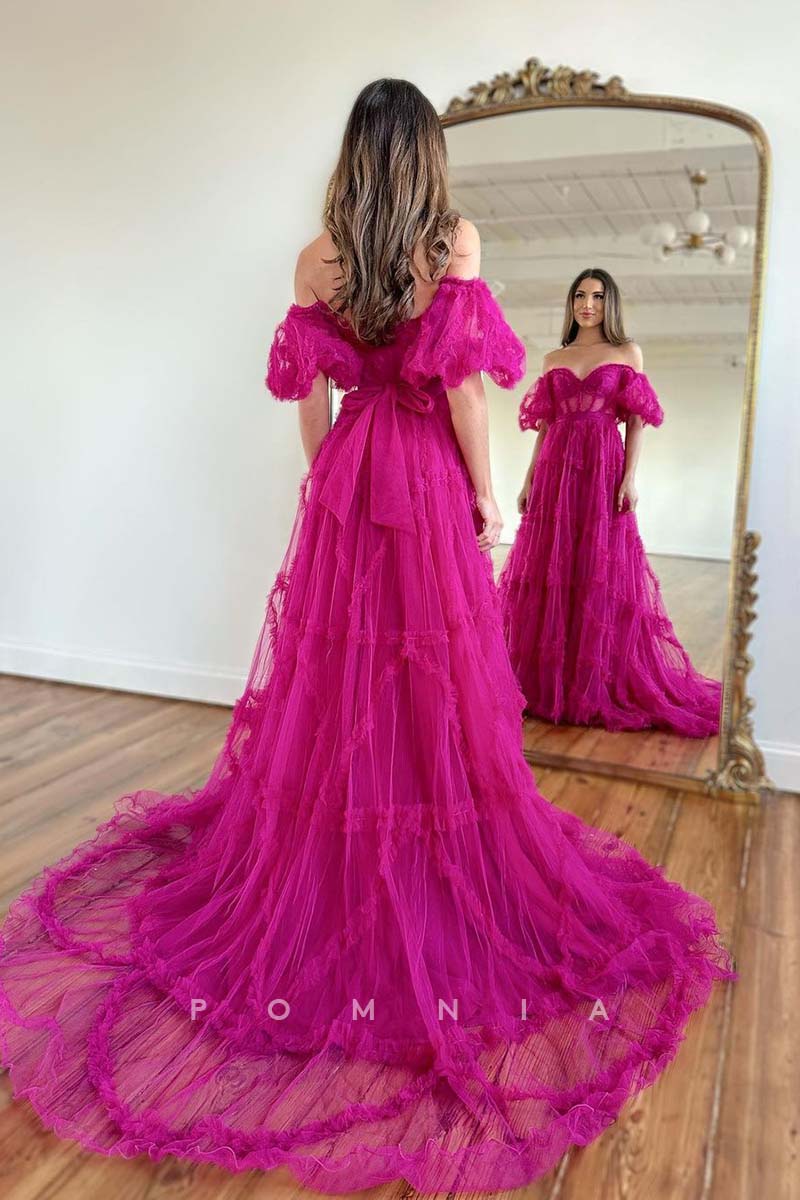 P1665 - A-Line Strapless V-Neck Tulle Ruched Long Prom Evening Dress with Sleeves