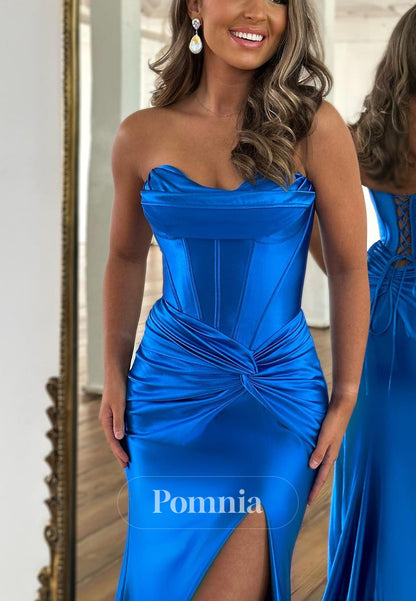 P1696 - Simple Strapless Mermaid Pleats High Split Satin Long Prom Evening Dress
