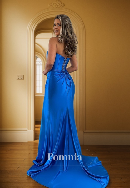 P1696 - Simple Strapless Mermaid Pleats High Split Satin Long Prom Evening Dress