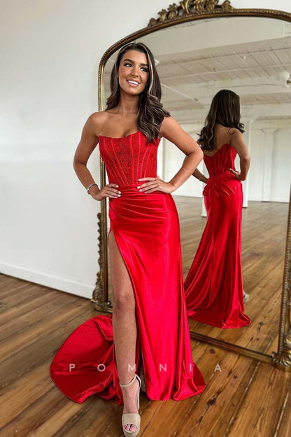 P1698 - Chic&Modern Strapless Scoop High Split Appliques Long Evening Prom Dress