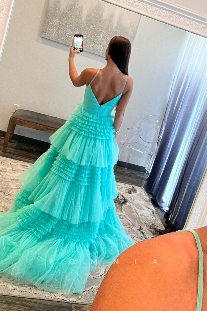P1727 - Spaghetti Straps V-Neck Tiered Tulle Sleeveless A-Line Empire-Waist Evening Prom Dress
