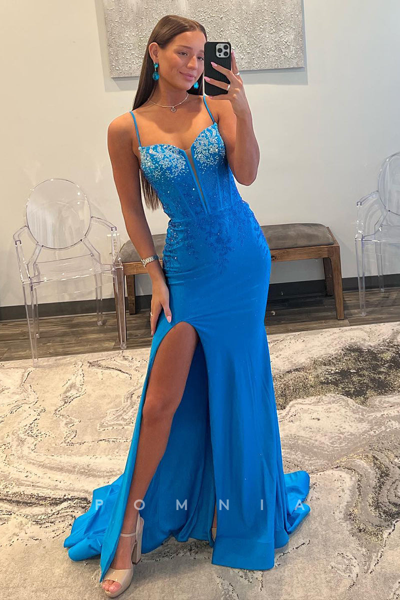 P1743 Spaghetti Straps Rhinestone V Neck Mermaid Long Evening Formal Dress with Split