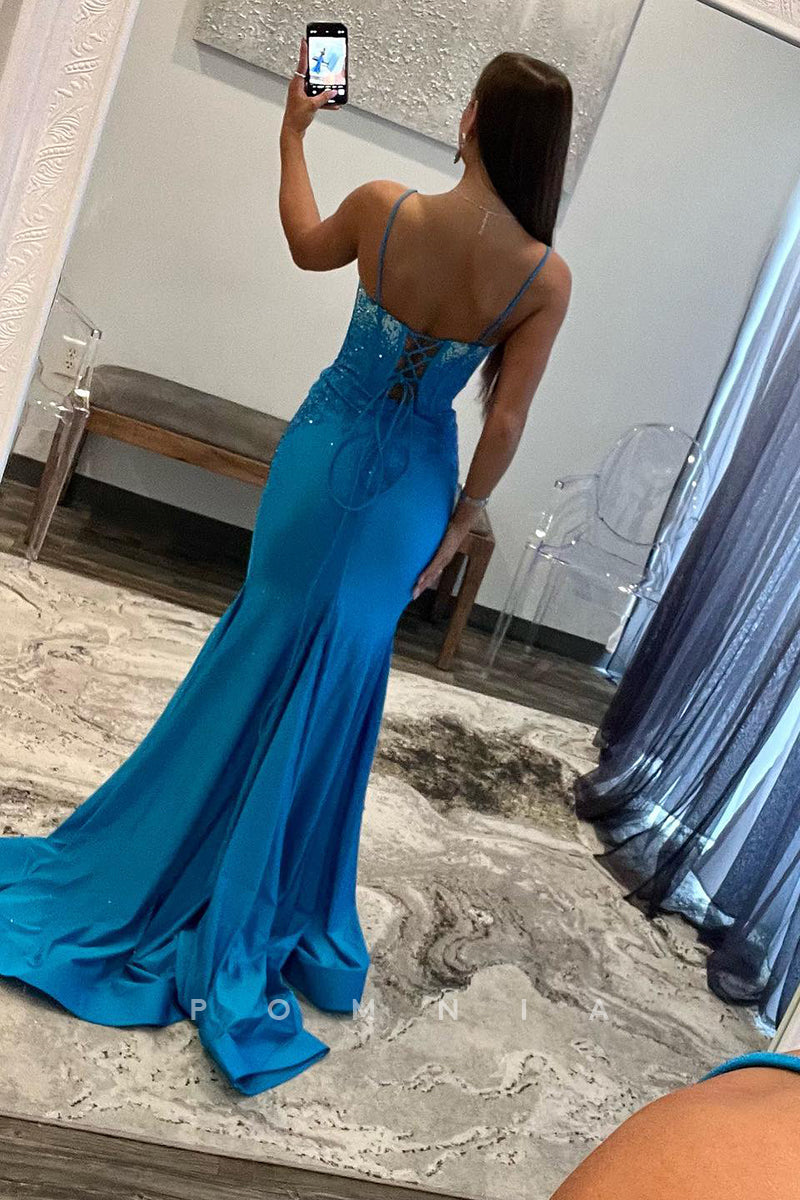 P1743 - Spaghetti Straps Rhinestone  V-Neck Mermaid Long Evening Formal Dress with Split