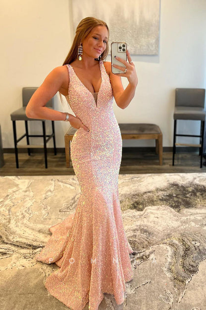 P1752 - Plunging V-Neck Sequined Sleeveless Ruched Mermaid Long Evening Prom Dress
