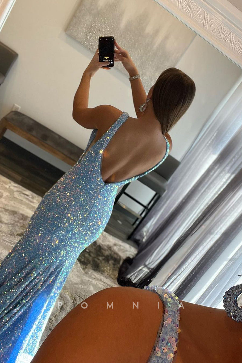 P1752 - Plunging V-Neck Sequined Sleeveless Ruched Mermaid Long Evening Prom Dress