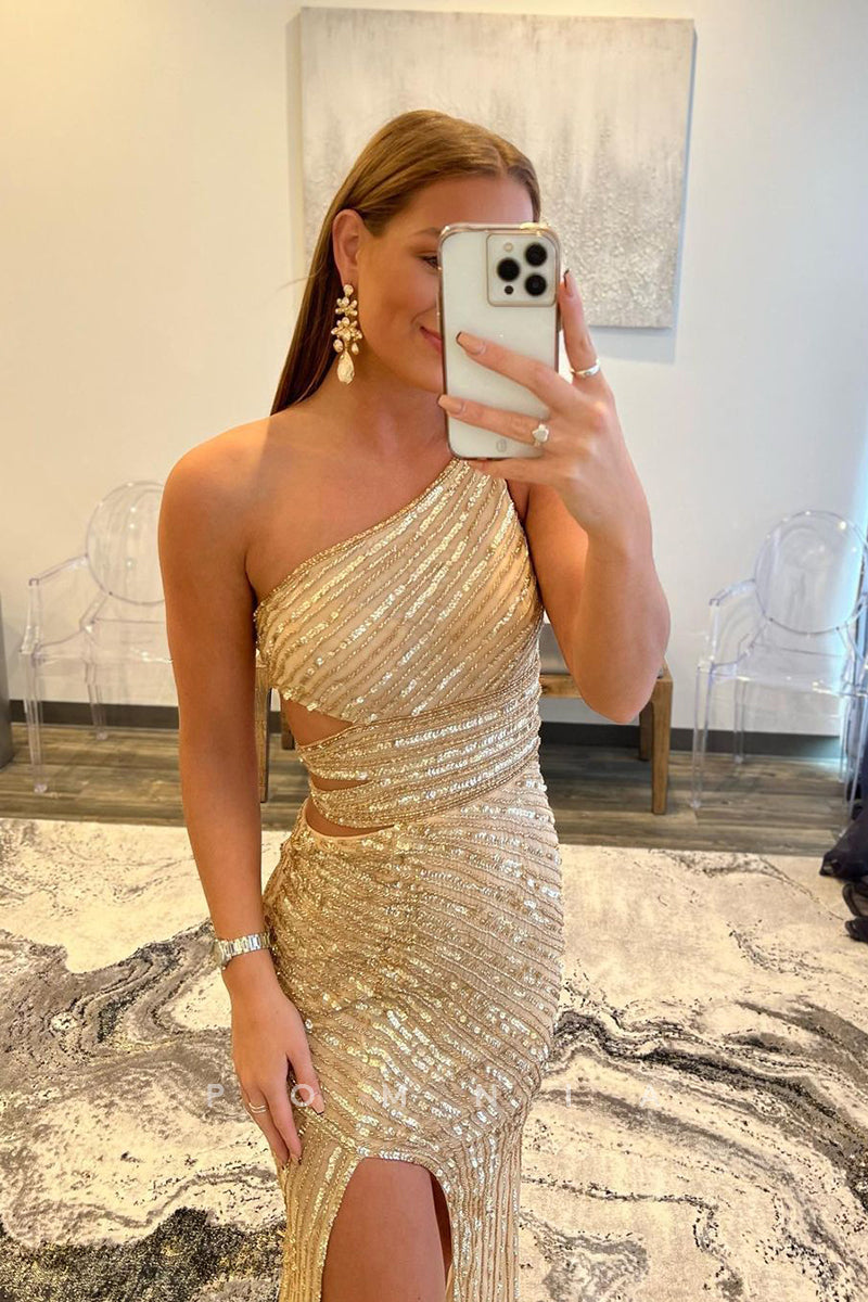 P1761 - One Shoulder Sequins Sleeveless Side Split Mermaid Long Prom Evening Dress