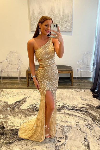 P1761 - One Shoulder Sequins Sleeveless Side Split Mermaid Long Prom Evening Dress