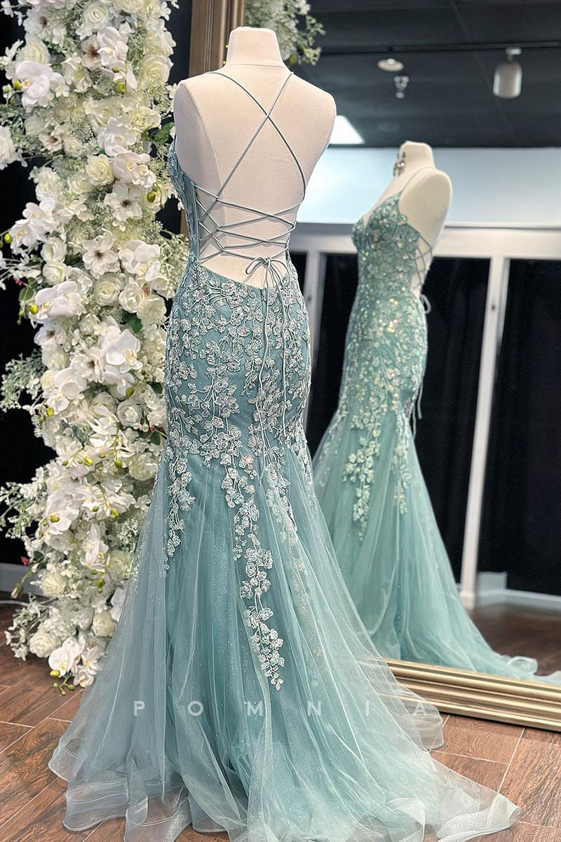 P1303 - Mermaid V-Neck Lace Appliques Sleeveless Long Formal Evening Prom Dress