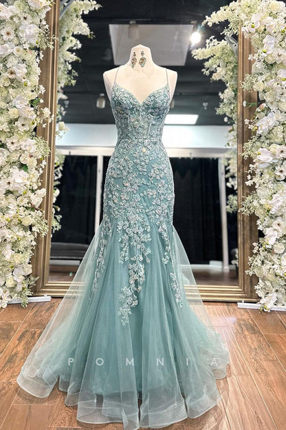 P1303 - Mermaid V-Neck Lace Appliques Sleeveless Long Formal Evening Prom Dress
