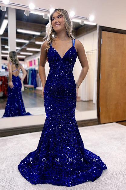 P1883 - Mermaid/Trumpet V-Neck Sequined Sleeveless Long Formal Prom Dress with Train