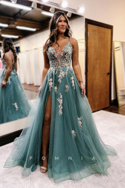 P1887 - A-Line Spaghetti Straps Lace Appliques Empire-Waist Tulle Prom Formal Gown with Slit