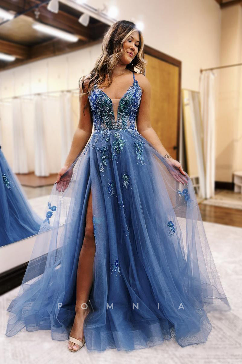 P1887 - A-Line Spaghetti Straps Lace Appliques Empire-Waist Tulle Prom Formal Gown with Slit
