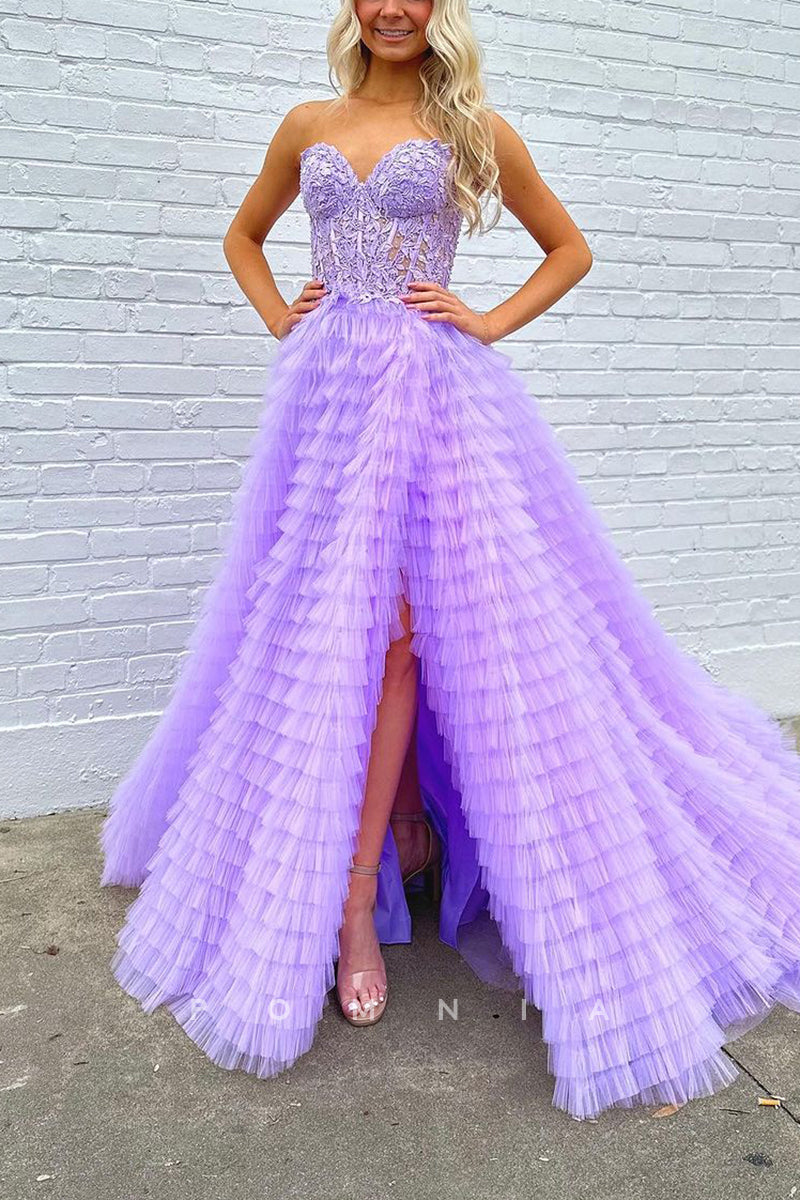 P1906 - A-Line Strapless Tiered Tulle Empire-Waist Side Slit Long Formal Prom Dress with Train