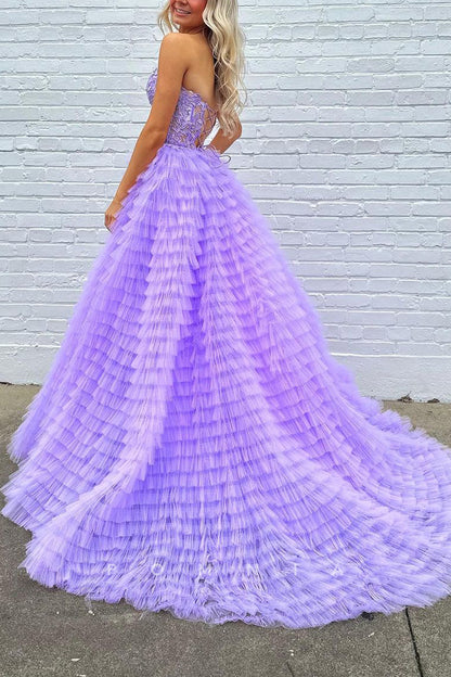 P1906 - A-Line Strapless Tiered Tulle Empire-Waist Side Slit Long Formal Prom Dress with Train