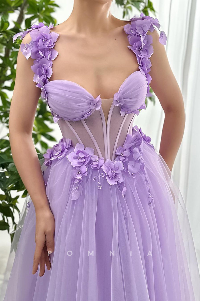 P1907 - A-Line Straps Sweetheart Appliques Tulle Sleeveless Party Prom Formal Dress