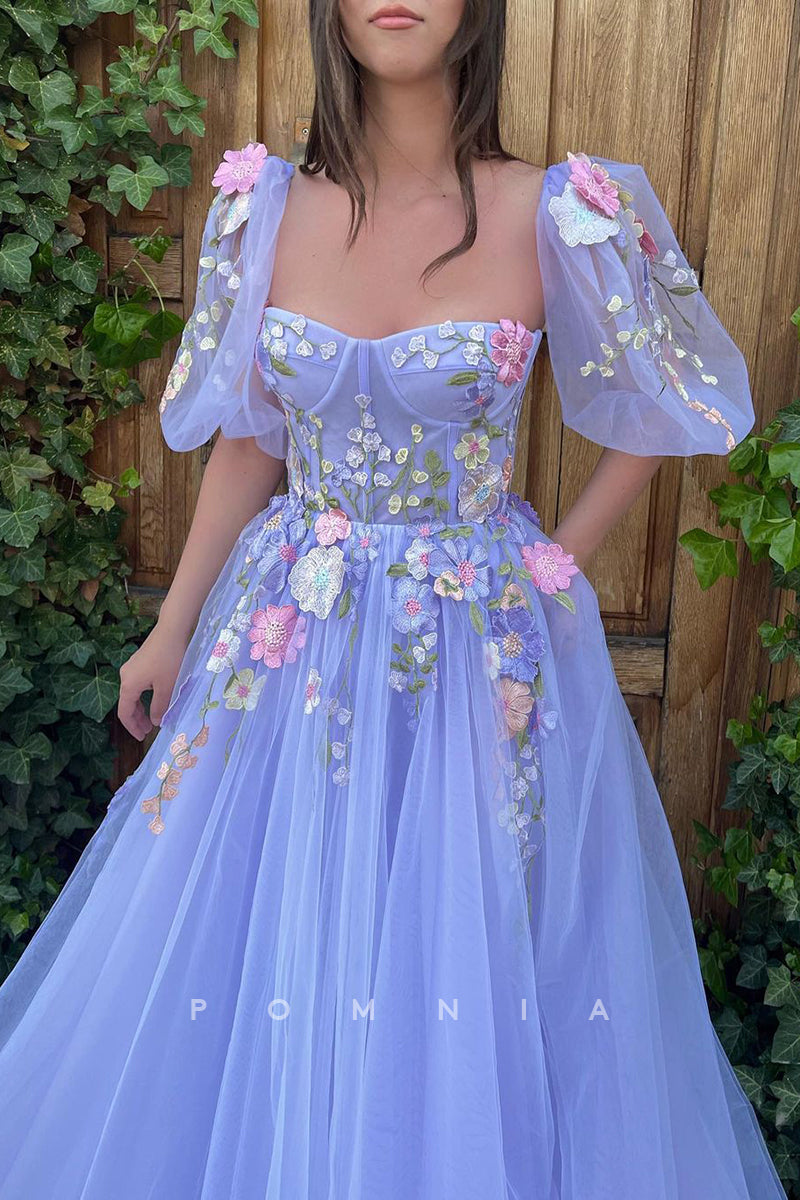 P1911 - A-Line Sweetheart Half Sleeves Floral Appliques Empire-Waist Long Prom Formal Gown