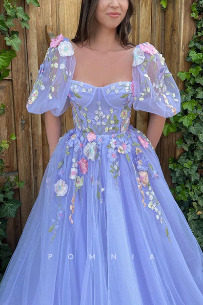 P1911 - A-Line Sweetheart Half Sleeves Floral Appliques Empire-Waist Long Prom Formal Gown