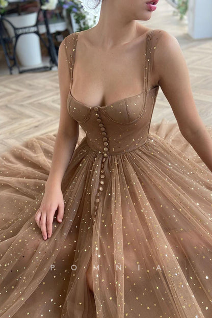 P1919 - A-Line Scoop Straps Empire-Waist Star Print Sleeveless Prom Formal Dress with Pockets