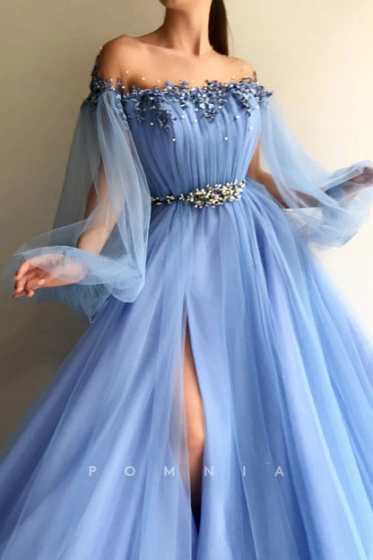 P1927 - A-Line Strapless Beaded Empire-Waist High Slit Tulle Long Sleeves Formal Evening Prom Dress