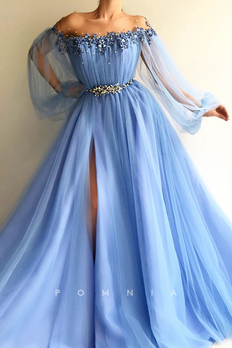 P1927 - A-Line Strapless Beaded Empire-Waist High Slit Tulle Long Sleeves Formal Evening Prom Dress