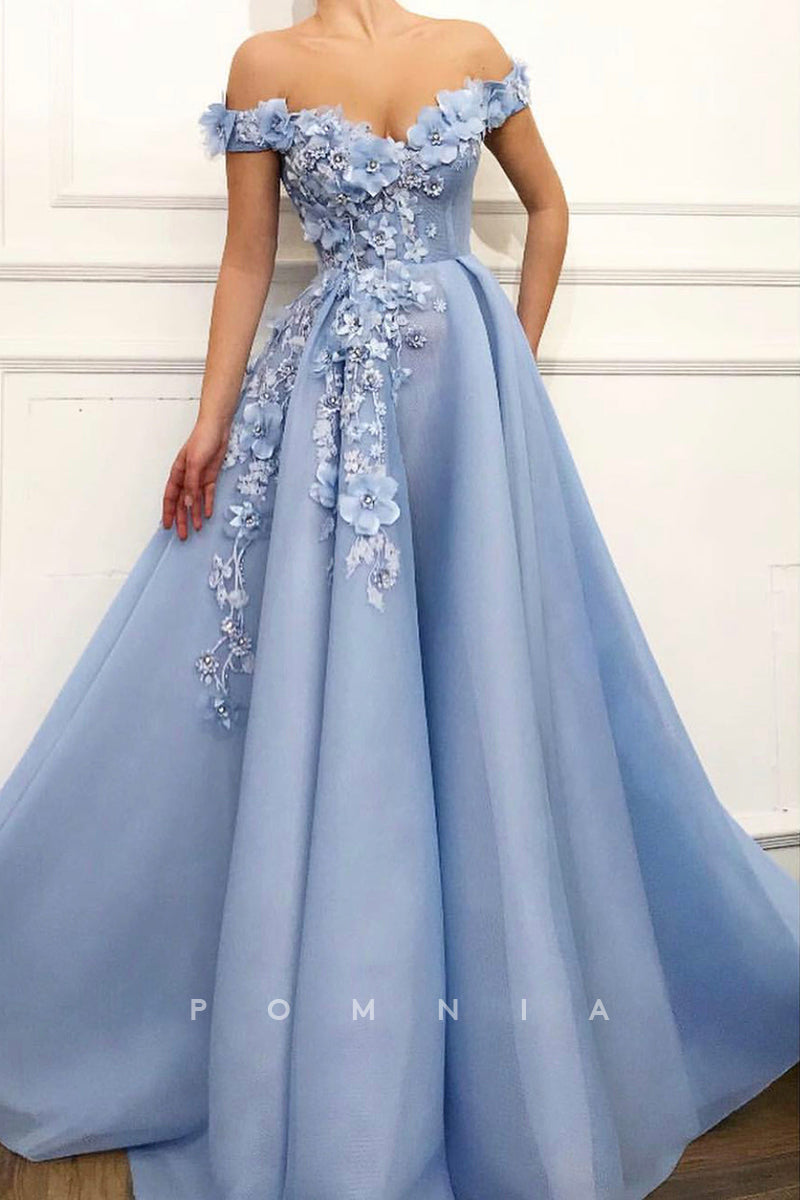 P1929 - A-Line Strapless Cap Sleeves Appliques Pleated Empire-Waist Long Prom Evening Dress