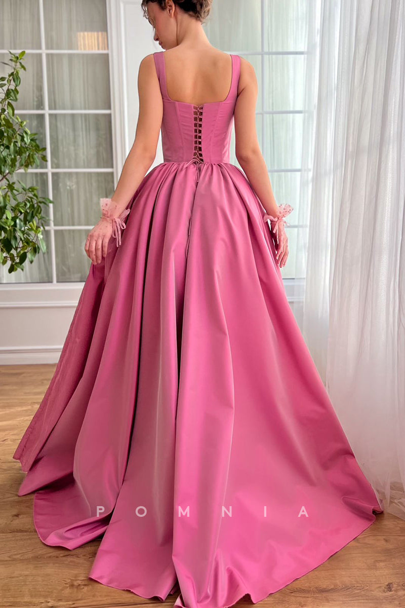 P1930 - A-Line Scoop Double Straps Pleated Empire-Waist Satin Long Prom Formal Gown