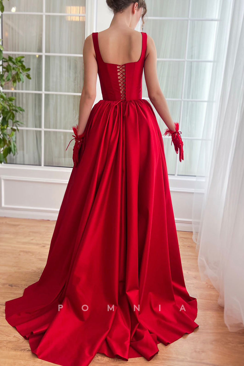 P1930 - A-Line Scoop Double Straps Pleated Empire-Waist Satin Long Prom Formal Gown