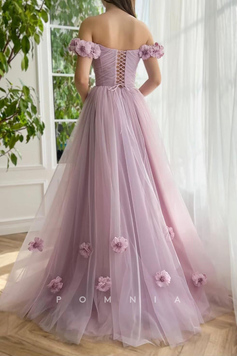 P1933 - A-Line Empire-Waist Strapless V-Neck High Slit Tulle Floral Long Prom Formal Dress