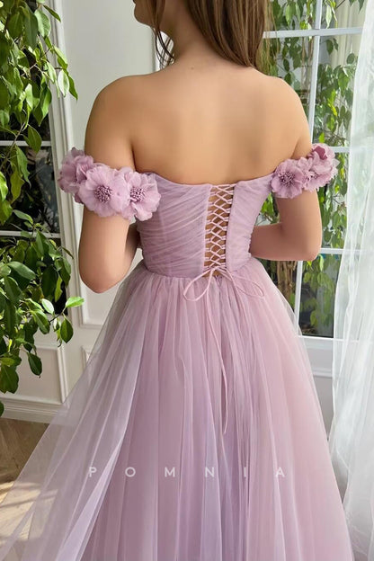 P1933 - A-Line Empire-Waist Strapless V-Neck High Slit Tulle Floral Long Prom Formal Dress