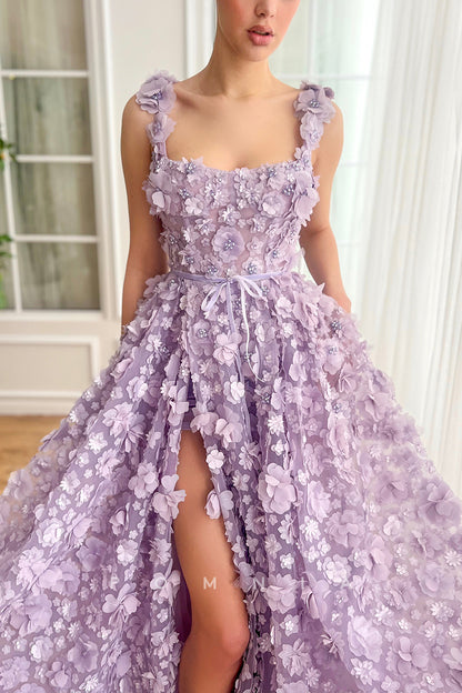 P1939 - Amazing A-Line Lace Appliques High Slit Sleeveless Empire-Waist Prom Formal Gown