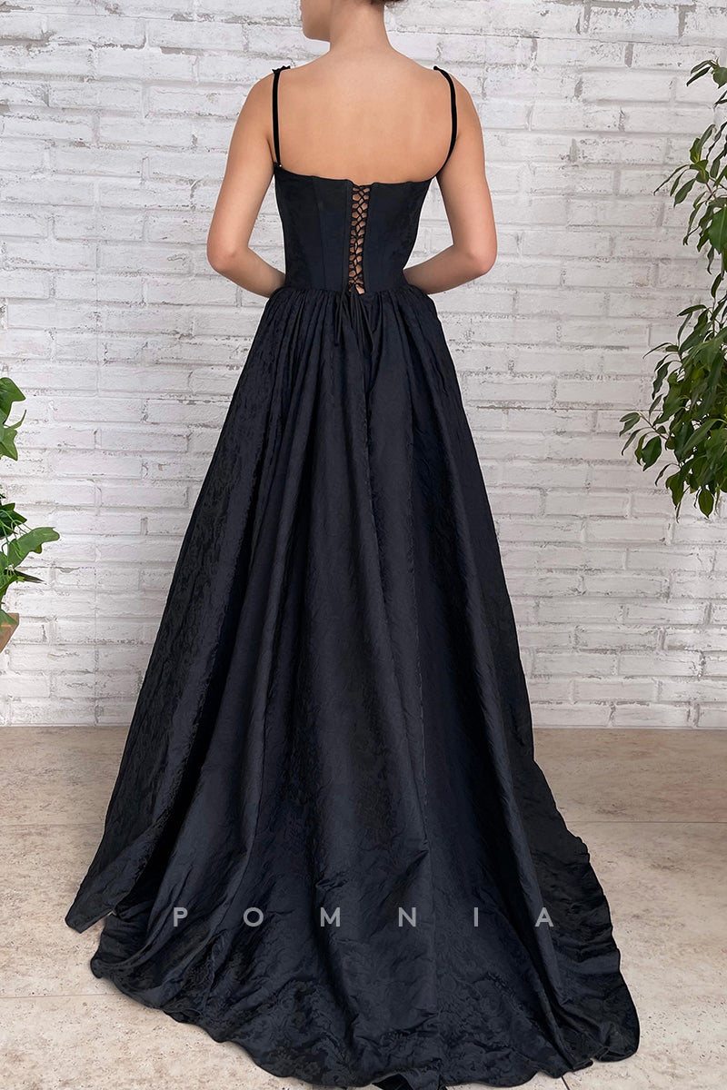 P1943 - A-Line Empire-Waist Side Slit Appliques Satin Long Evening Formal Prom Dress with Pockets