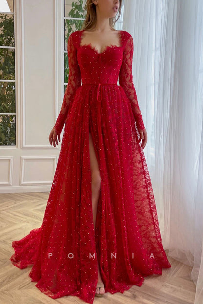 P1946 - A-Line High Slit Long Sleeves Rhinestones Sweetheart Lace Empire-Waist Evening Prom Dress